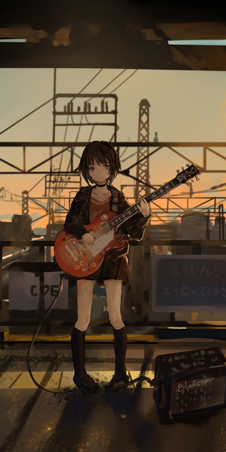 Phone wallpaper: Music, Anime, Sunset, Guitar, Brown Eyes, Brown Hair, Short Hair free download