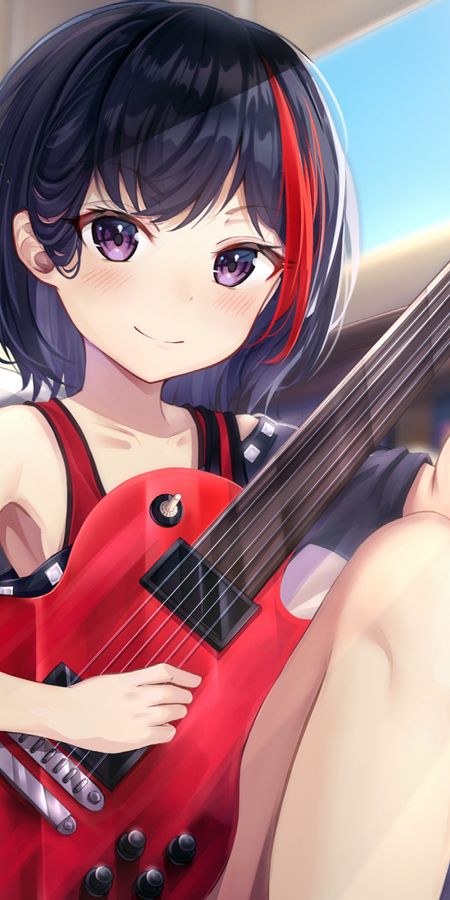 Phone wallpaper: Anime, Guitar, Blush, Blue Hair, Short Hair, Purple Eyes, Ran Mitake, Bang Dream! Girls Band Party! free download
