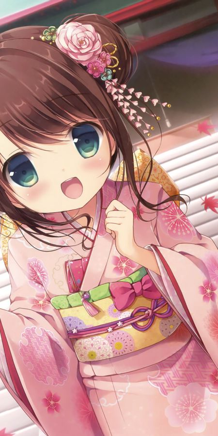 Phone wallpaper: Anime, Flower, Smile, Kimono, Green Eyes, Original, Blush, Brown Hair, Short Hair free download