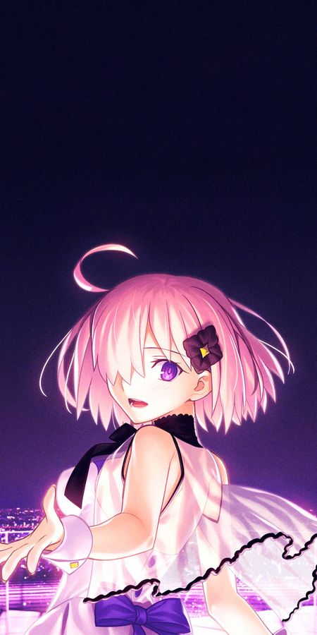 Phone wallpaper: Anime, Night, City, Dress, Pink Hair, Short Hair, Purple Eyes, Fate/grand Order, Mashu Kyrielight, Fate Series free download