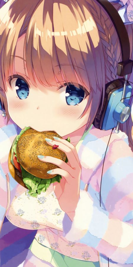 Phone wallpaper: Anime, Food, Headphones, Blonde, Burger, Blue Eyes, Original, Braid, Blush, Short Hair, Japanese Clothes free download