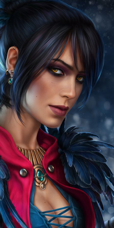 Phone wallpaper: Feather, Yellow Eyes, Staff, Witch, Blue Hair, Video Game, Short Hair, Morrigan (Dragon Age), Dragon Age free download