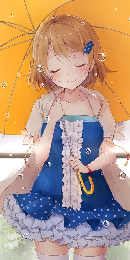 Phone wallpaper: Anime, Smile, Umbrella, Blonde, Dress, Blush, Water Drop, Short Hair, Hanayo Koizumi, Love Live! free download