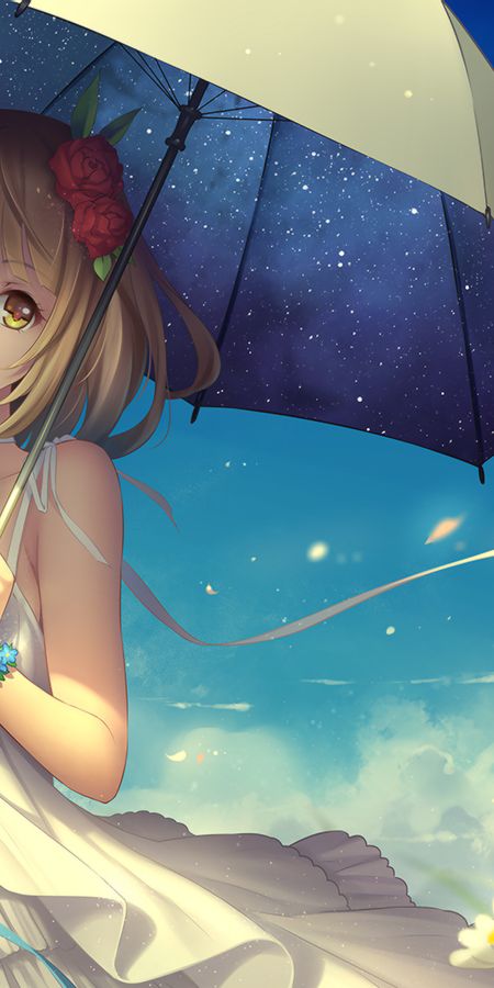 Phone wallpaper: Anime, Flower, Field, Umbrella, Blonde, Dress, Yellow Eyes, Original, Short Hair free download