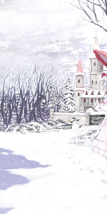 Phone wallpaper: Anime, Tree, Umbrella, Hat, Snowfall, Blue Hair, Red Eyes, Remilia Scarlet, Touhou, Short Hair, Bow (Clothing), Pink Dress free download