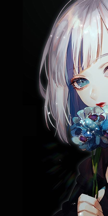 Phone wallpaper: Anime, Flower, Hoodie, Blue Eyes, Original, Short Hair, Grey Hair free download