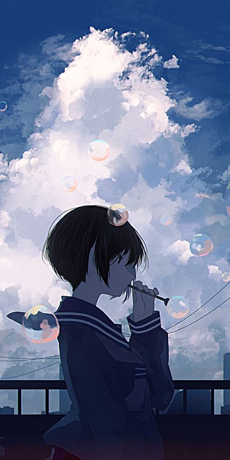Phone wallpaper: Anime, City, Girl, Bubble, Black Hair, Short Hair free download
