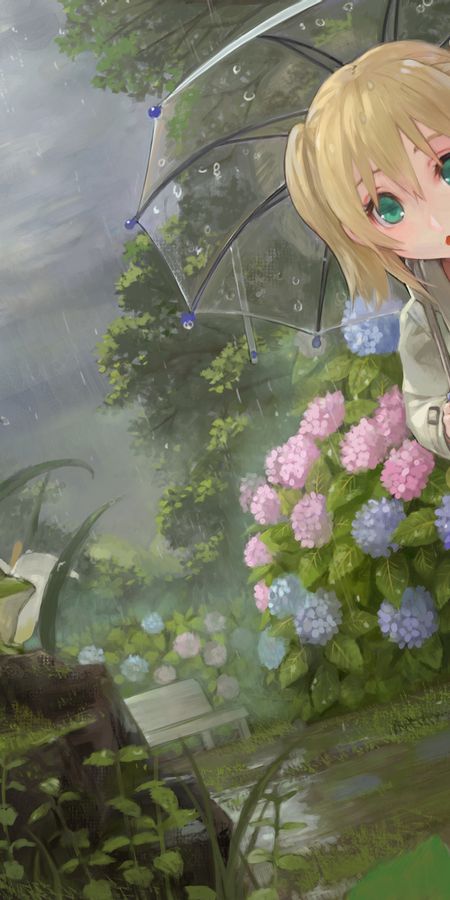 Phone wallpaper: Anime, Rain, Flower, Umbrella, Blonde, Green Eyes, Original, Short Hair, Twintails free download