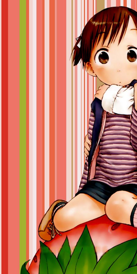 Phone wallpaper: Anime, Strawberry, Stripes, Fruit, Cute, Socks, Blush, Shoe, Brown Eyes, Short Hair, Ponytail, Strawberry Marshmallow free download