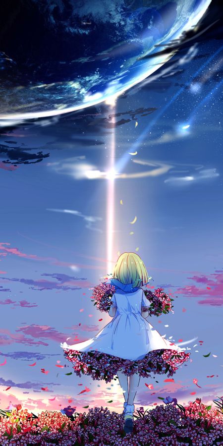 Phone wallpaper: Anime, Sky, Flower, Planet, Dress, Original, Short Hair free download