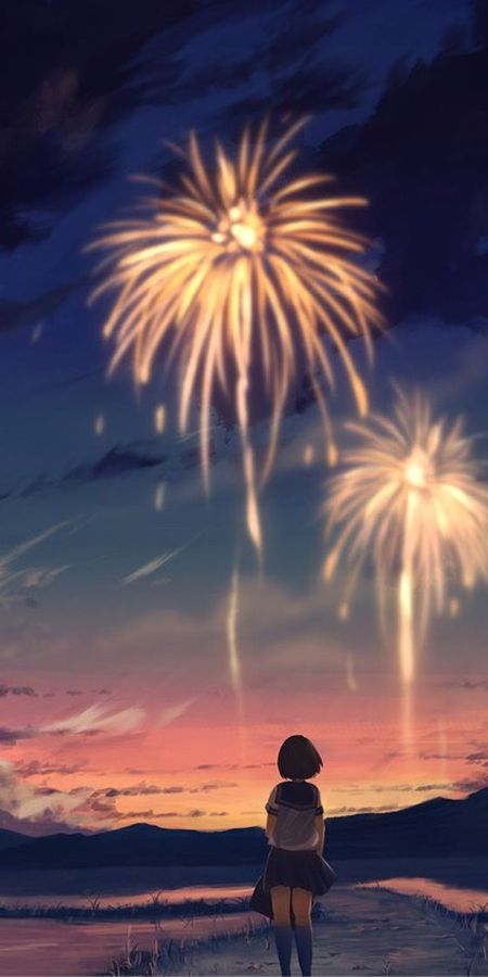 Phone wallpaper: Anime, Sunset, Fireworks, Brown Hair, Short Hair free download