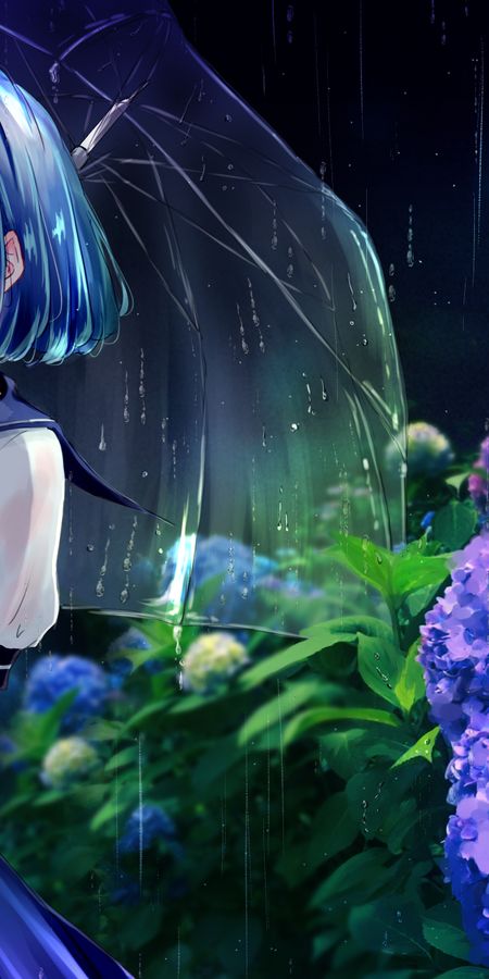 Phone wallpaper: Anime, Flower, Umbrella, Original, Blue Hair, Short Hair, Purple Eyes, Bow (Clothing) free download