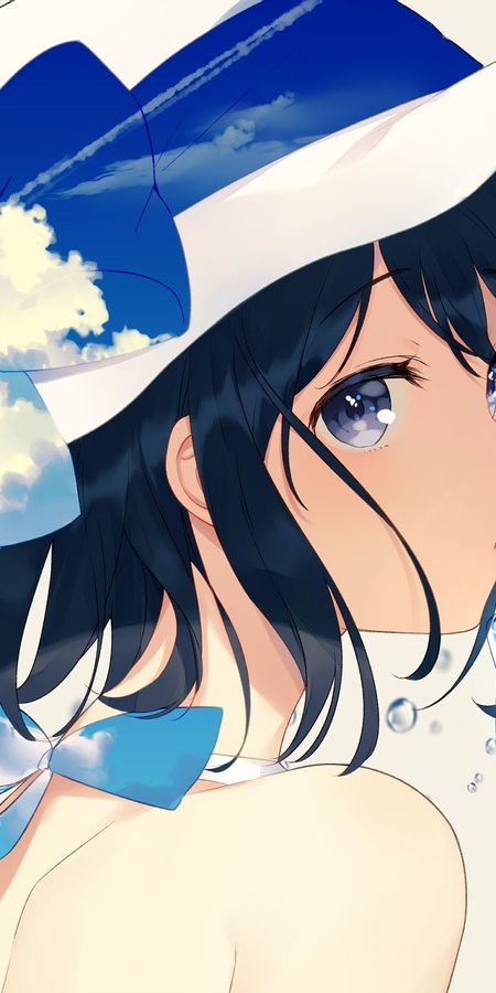 Phone wallpaper: Anime, Girl, Hat, Bubble, Blue Eyes, Black Hair, Short Hair, Bow (Clothing) free download