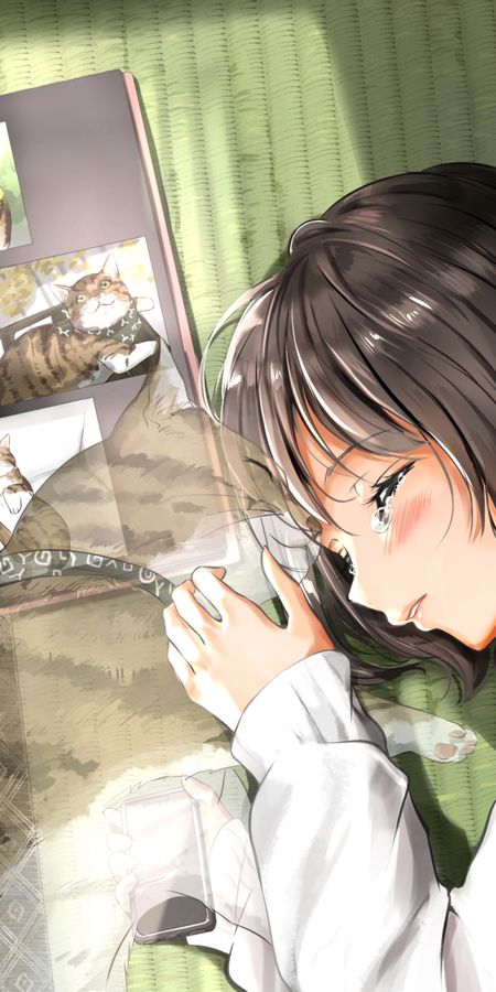 Phone wallpaper: Anime, Cat, Girl, Black Hair, Short Hair free download