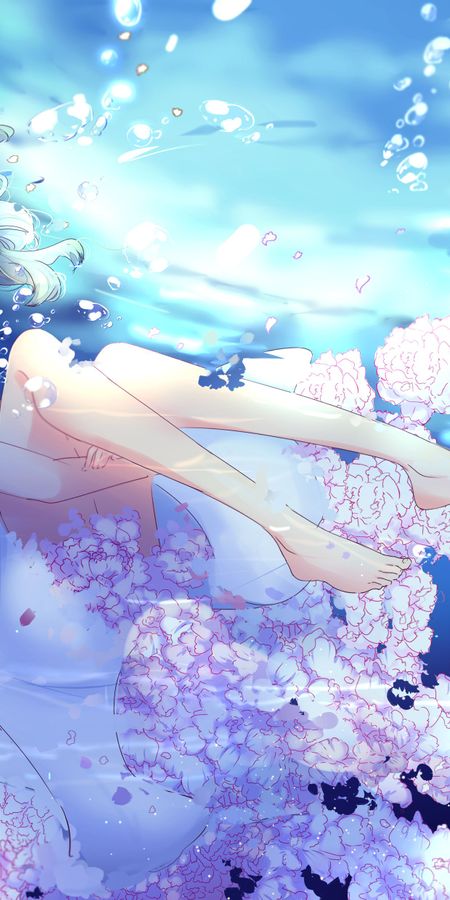 Phone wallpaper: Anime, Flower, Girl, Mask, Underwater, Dress, Bubble, Short Hair free download