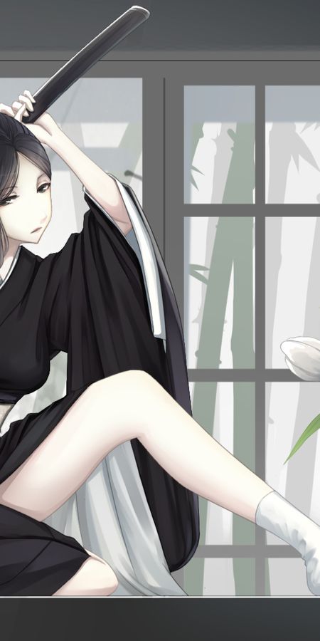 Phone wallpaper: Anime, Flower, Kimono, Sword, Original, Black Hair, Short Hair, Black Eyes free download