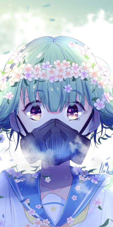 Phone wallpaper: Anime, Flower, Gas Mask, Original, Short Hair, Purple Eyes free download
