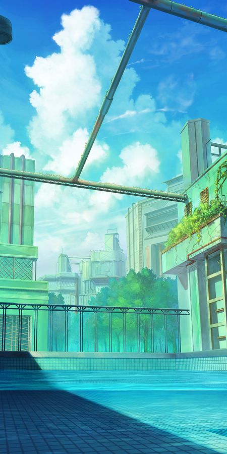 Phone wallpaper: Anime, Water, Sky, City, Building, Cloud, Pool, Original, Red Eyes, Short Hair, Purple Hair free download