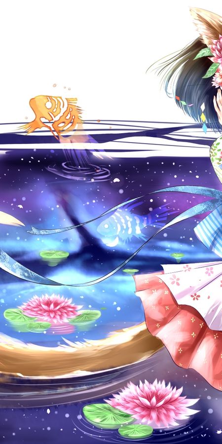 Phone wallpaper: Anime, Water, Smile, Fish, Tail, Dress, Skirt, Headdress, Blue Eyes, Original, Goldfish, Short Hair, Pantyhose, Animal Ears free download