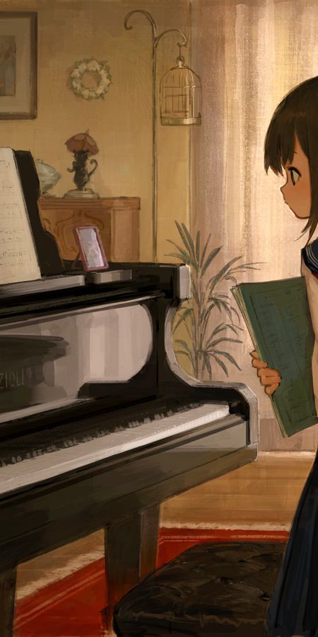 Phone wallpaper: Anime, Piano, Book, Bag, Original, Brown Hair, Short Hair free download