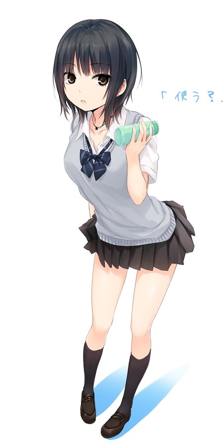 Phone wallpaper: Anime, Skirt, Socks, Original, School Uniform, Black Hair, Short Hair, Bow (Clothing), Black Eyes free download