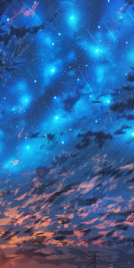 Phone wallpaper: Anime, Sunset, Sky, Stars, Girl, Blue Hair, School Uniform, Short Hair free download