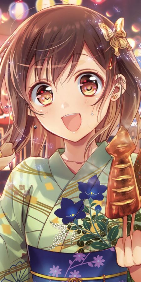 Phone wallpaper: Anime, Smile, Kimono, Original, Brown Eyes, Brown Hair, Short Hair free download