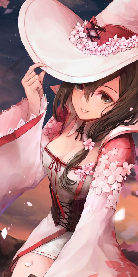 Phone wallpaper: Anime, Smile, Hat, Cherry Blossom, Original, Witch, Brown Eyes, Brown Hair, Short Hair free download