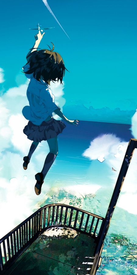 Phone wallpaper: Anime, Sky, Airplane, Jump, Cloud, Shirt, Skirt, Socks, Original, Brown Hair, Short Hair free download