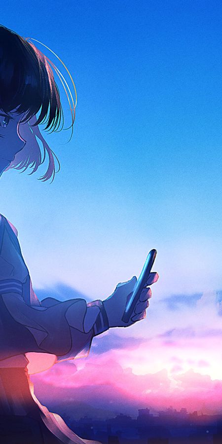 Phone wallpaper: Anime, Girl, Smartphone, Black Hair, Short Hair free download