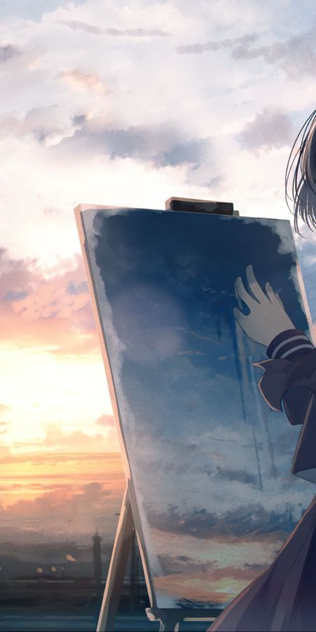 Phone wallpaper: Anime, Sunset, Original, Easel, Brown Hair, Short Hair, Telephone Pole free download