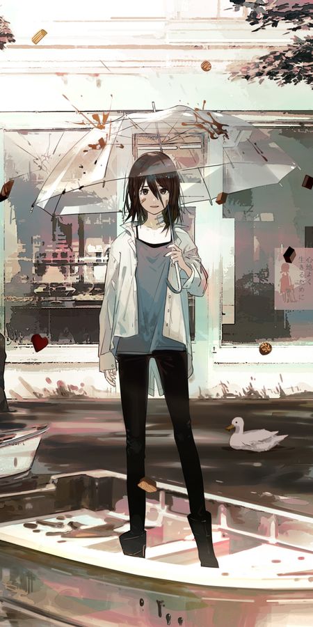 Phone wallpaper: Anime, People, Boat, Umbrella, Brown Eyes, Brown Hair, Short Hair free download