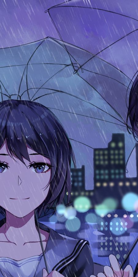 Phone wallpaper: Anime, Rain, City, Umbrella, Original, Braid, Long Hair, Brown Hair, Short Hair, Purple Eyes free download