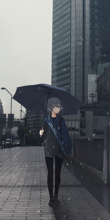 Phone wallpaper: Anime, City, Umbrella, Original, Short Hair, Grey Hair free download