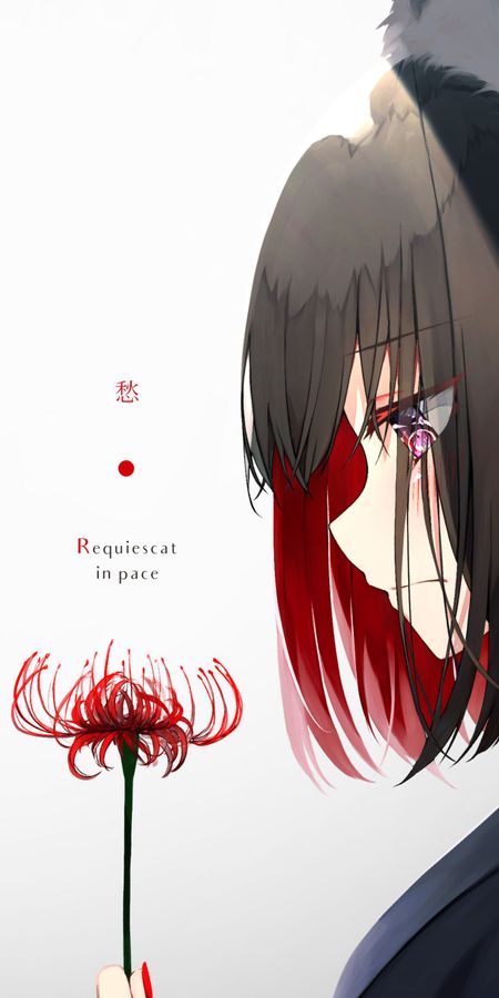 Phone wallpaper: Anime, Original, Red Eyes, Red Flower, Short Hair, Animal Ears free download
