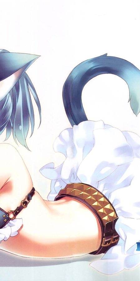 Phone wallpaper: Anime, Smile, Tail, Yellow Eyes, Belt, Original, Blue Hair, Short Hair, Cat Girl free download