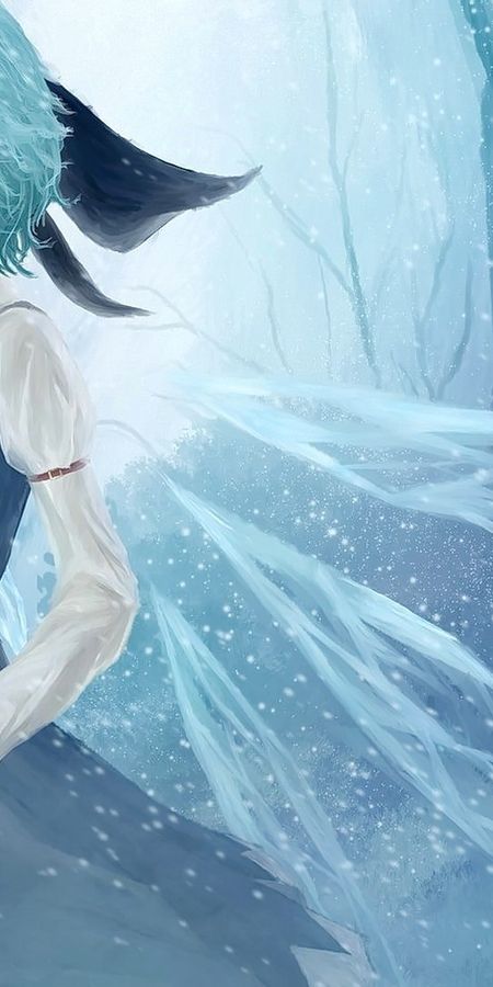 Phone wallpaper: Anime, Winter, Snow, Fairy, Blue Hair, Touhou, Short Hair, Cirno (Touhou) free download