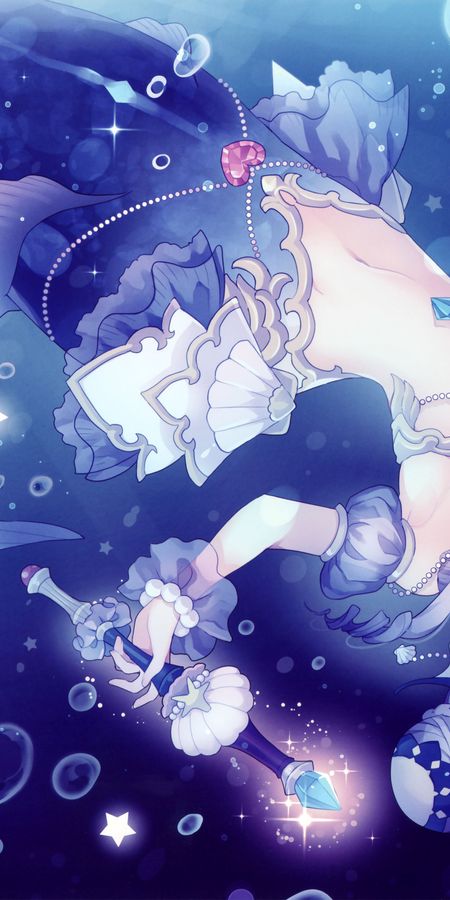 Phone wallpaper: Anime, Cat, Beads, Crown, Bubble, Blue Eyes, Wand, Mermaid, Short Hair free download