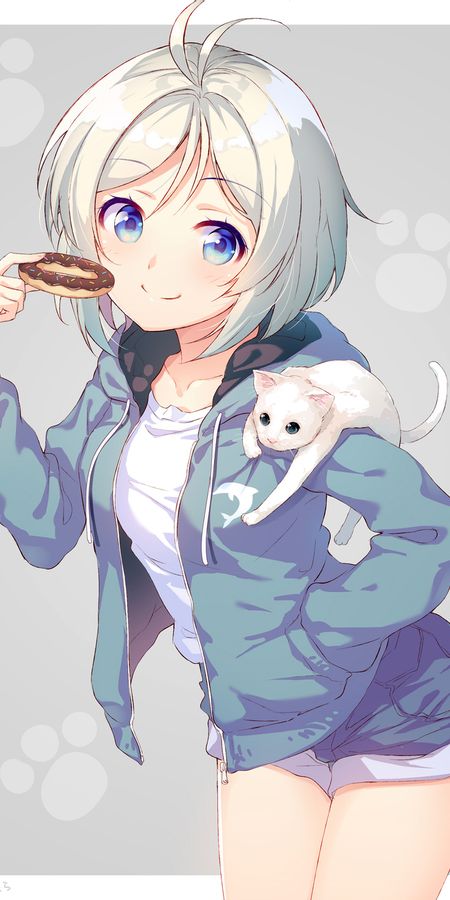 Phone wallpaper: Anime, Smile, Doughnut, Jacket, Blue Eyes, Shorts, Short Hair, Virtual Youtuber free download