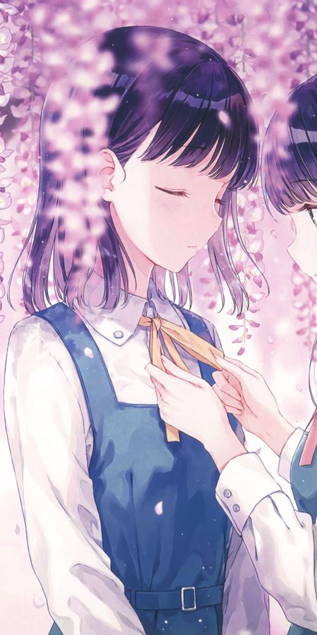 Phone wallpaper: Anime, Butterfly, Cherry Blossom, Original, Black Hair, Long Hair, Short Hair, Bow (Clothing) free download