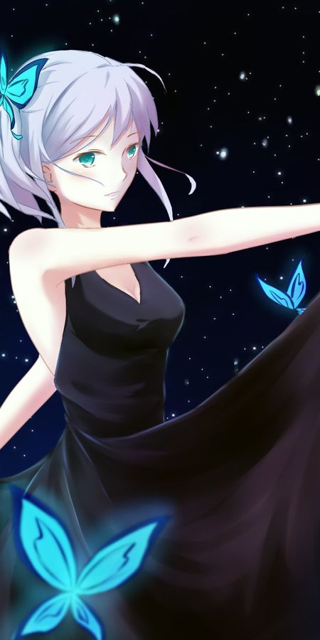 Phone wallpaper: Anime, Sky, Stars, Night, Butterfly, Original, Short Hair, White Hair, Aqua Eyes free download
