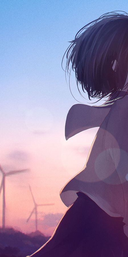 Phone wallpaper: Anime, Sunset, Tears, Original, Wind Turbine, Black Hair, Short Hair free download