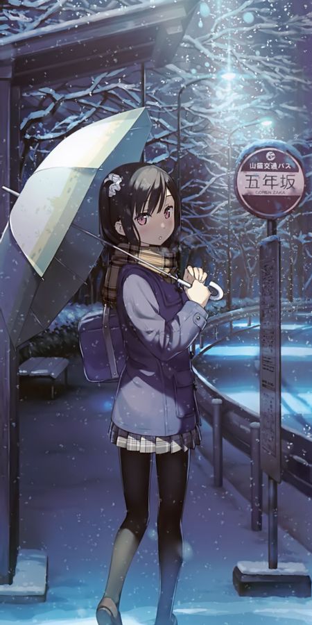 Phone wallpaper: Anime, Winter, Night, Snow, Umbrella, Bag, Snowfall, Scarf, Brown Hair, Short Hair, Bus Stop free download