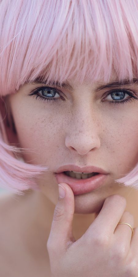 Phone wallpaper: Face, Model, Women, Blue Eyes, Pink Hair, Short Hair free download