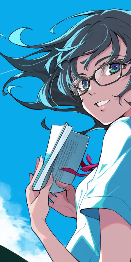 Phone wallpaper: Anime, Girl, Glasses, Blue Eyes, Black Hair, Short Hair free download