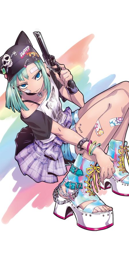 Phone wallpaper: Anime, Bandage, Tattoo, Hat, Green Hair, Blue Eyes, Original, Gun, Short Hair free download