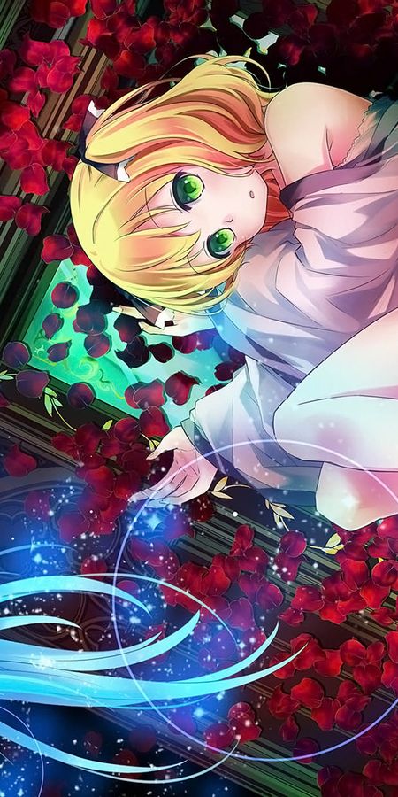Phone wallpaper: Anime, Flower, Blonde, Dress, Green Eyes, Original, Short Hair free download