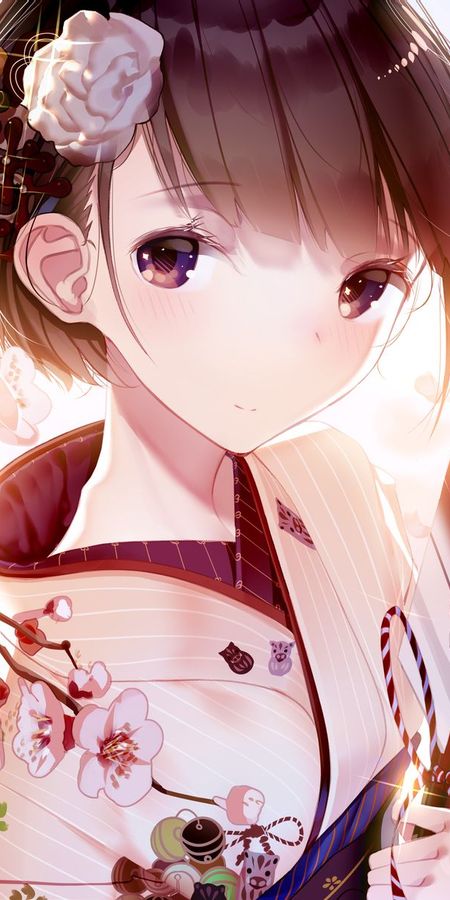 Phone wallpaper: Anime, Arrow, Kimono, Cherry Blossom, Original, Brown Eyes, Brown Hair, Short Hair free download
