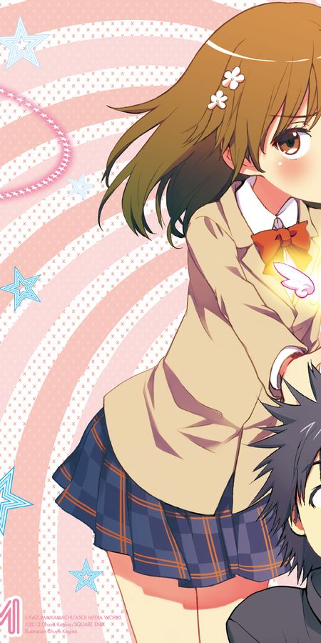 Phone wallpaper: Anime, Skirt, School Uniform, Brown Eyes, Brown Hair, Short Hair, Mikoto Misaka, A Certain Magical Index, Kamijou Touma, Index Librorum Prohibitorum free download
