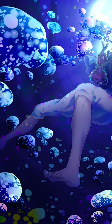Phone wallpaper: Anime, Cyborg, Underwater, Bubble, Original, Blue Hair, Short Hair free download